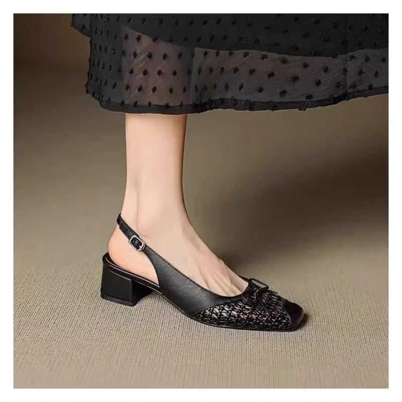 Retro Square Toe Woven High Heeled Sandals Summer Fashionable Breathable Single Buckle Thick Heeled Women's Shoes