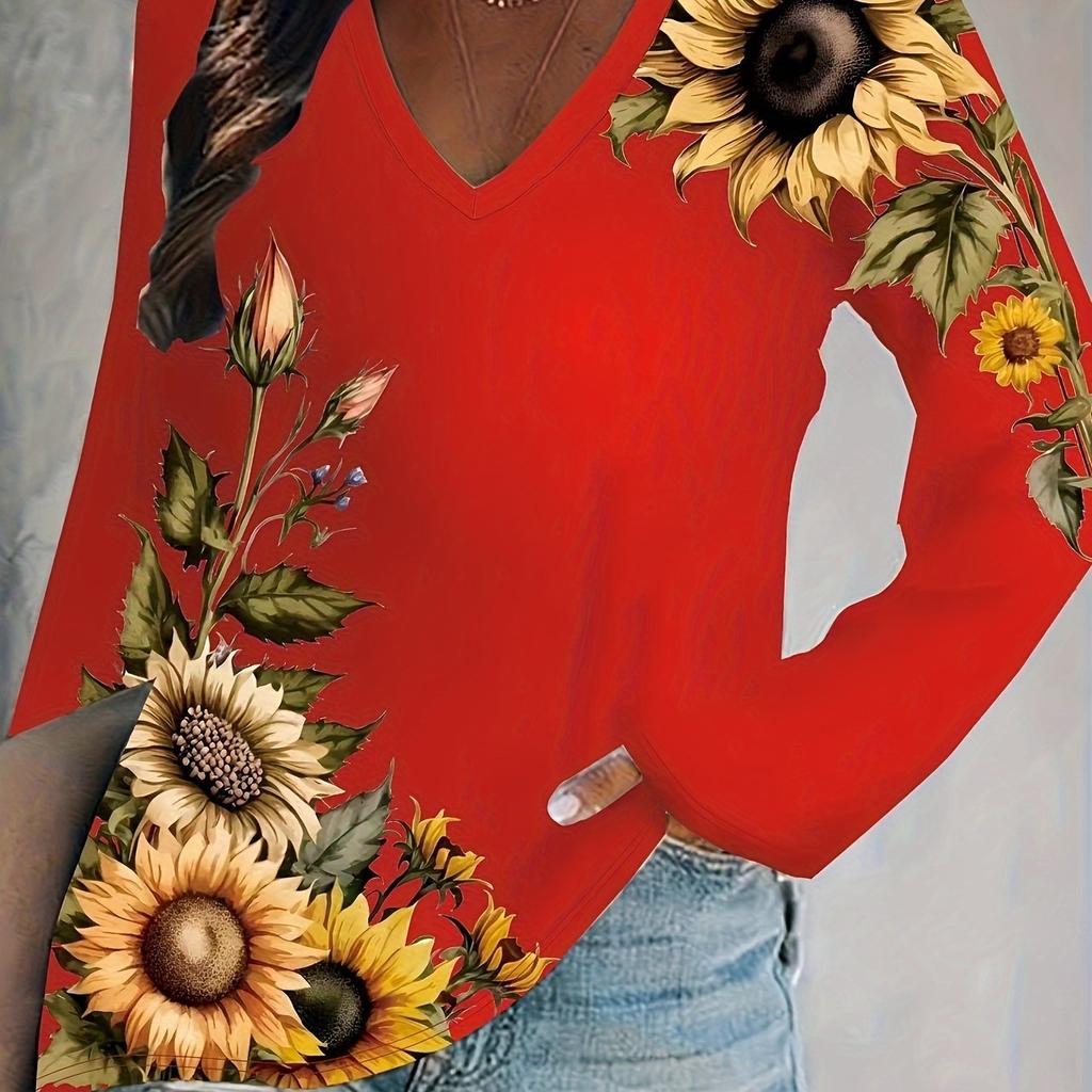Sunflower Print Long Sleeve V Neck T-shirt T-shirts with Casual Style for Spring Comfortable Women's
