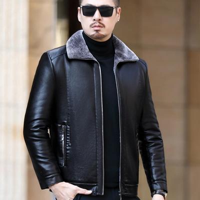 Chaqueta de cuero genuino de talla grande para hombres de mediana edad y mayores, abrigo informal de una pieza con solapa de piel para hombres, chaqueta de piel de oveja gruesa de invierno
