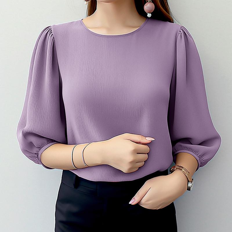 ZANZEA Womens Casual Round Neck Solid Color 3/4 Sleeve Blouse