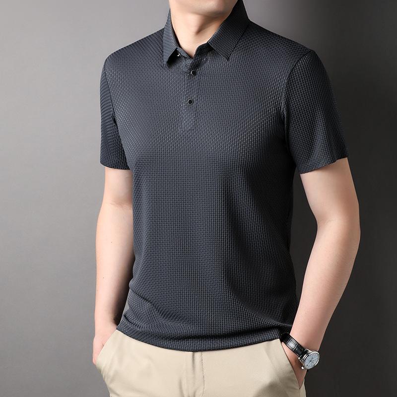 

Летняя новая бесшовная рубашка поло, мужская однотонная деловая футболка, футболка среднего возраста с коротким рукавом и лацканами, мужская XL