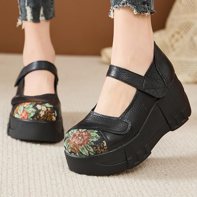 GKTINOO Grube Podeszwy Podwyższające Szpilki Wiosna 2024 Nowe Prawdziwa Skóra Rzepy Wszechstronne Retro Damskie Buty na Platformie