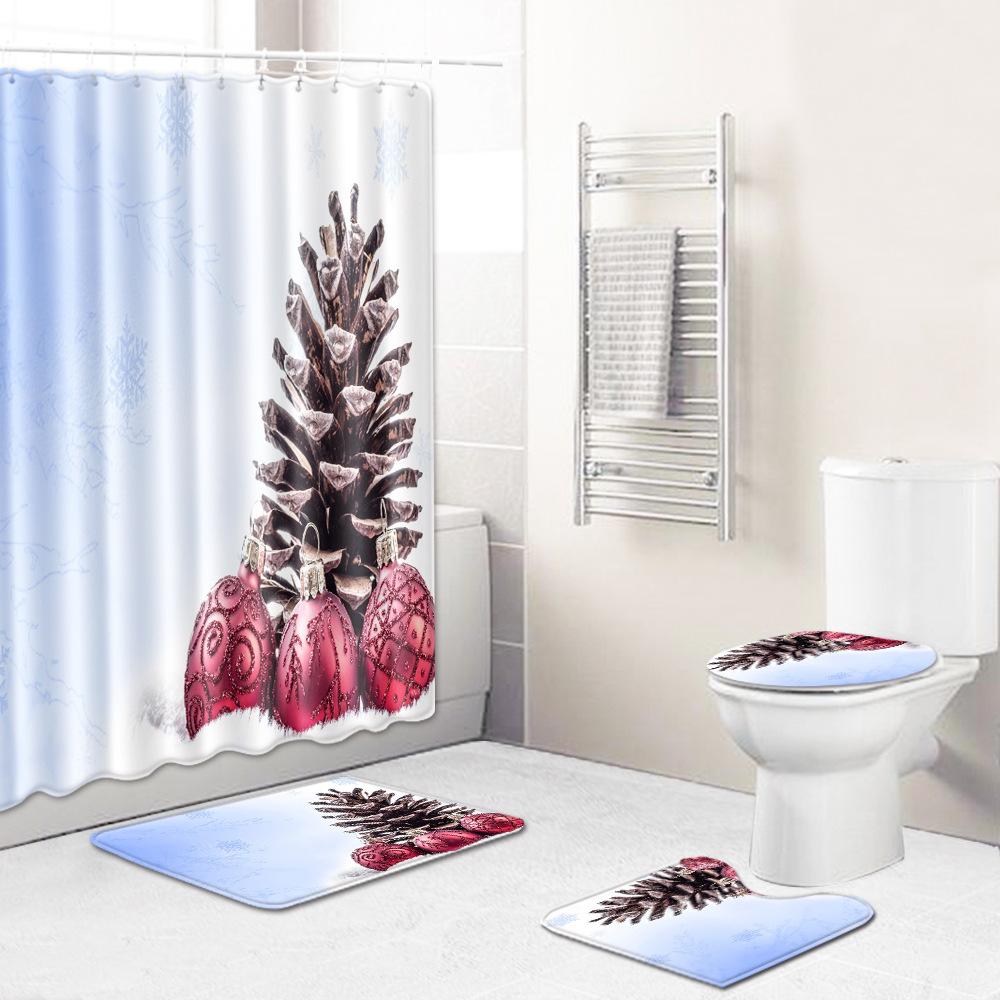 Christmas Elements Bathroom Shower Curtain Floor Mat Toilet Cover Foot Mat Four-Piece Pattern Size