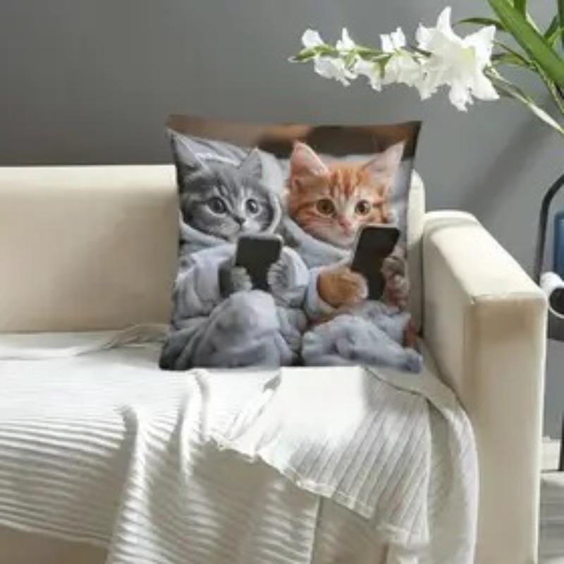 2D Print Cat Pillow Cover with Phone-Playing Design Short-Pile Plush Cute Cat Living Room Sofa Decorative Pillowcase