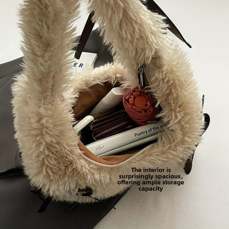 Korean Style Ins Bow Fluffy Shoulder Bag Autumn Winter New Large Capacity Cute Commuter Handle Bag Texture Simple Storage Bags