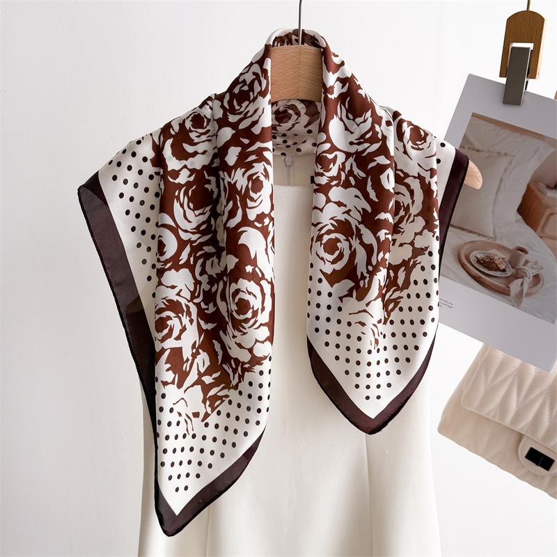 Polka Dot Rose Print Silk Scarf Square Scarf High-End Shawl Professional Versatile Neck Small Square Scarf Headscarf