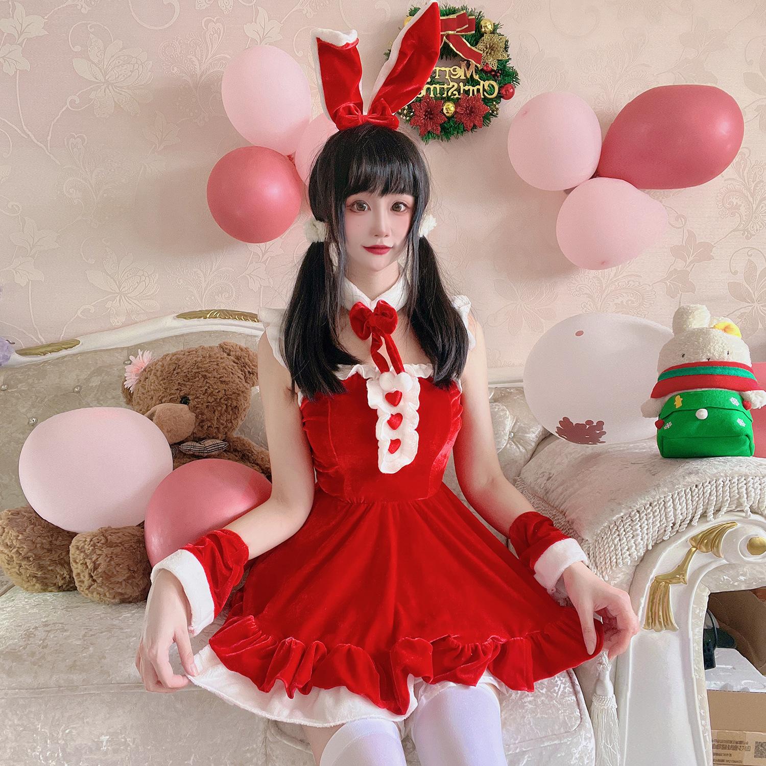 Christmas dress female sexy pink dress uniform uniform suit cos suit bunny cosplay XL