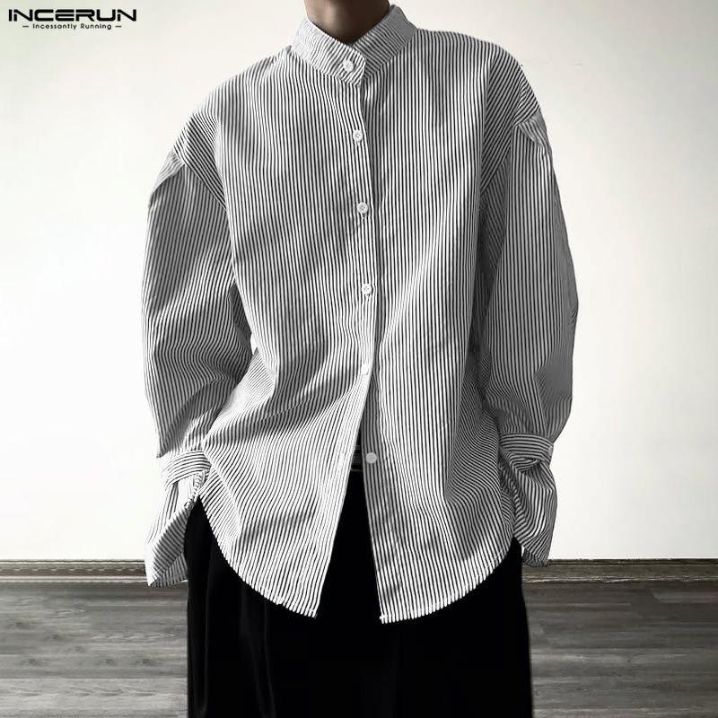 INCERUN Oversized Men Casual Loose Long Sleeve Striped Print Buttons Shirts Tops