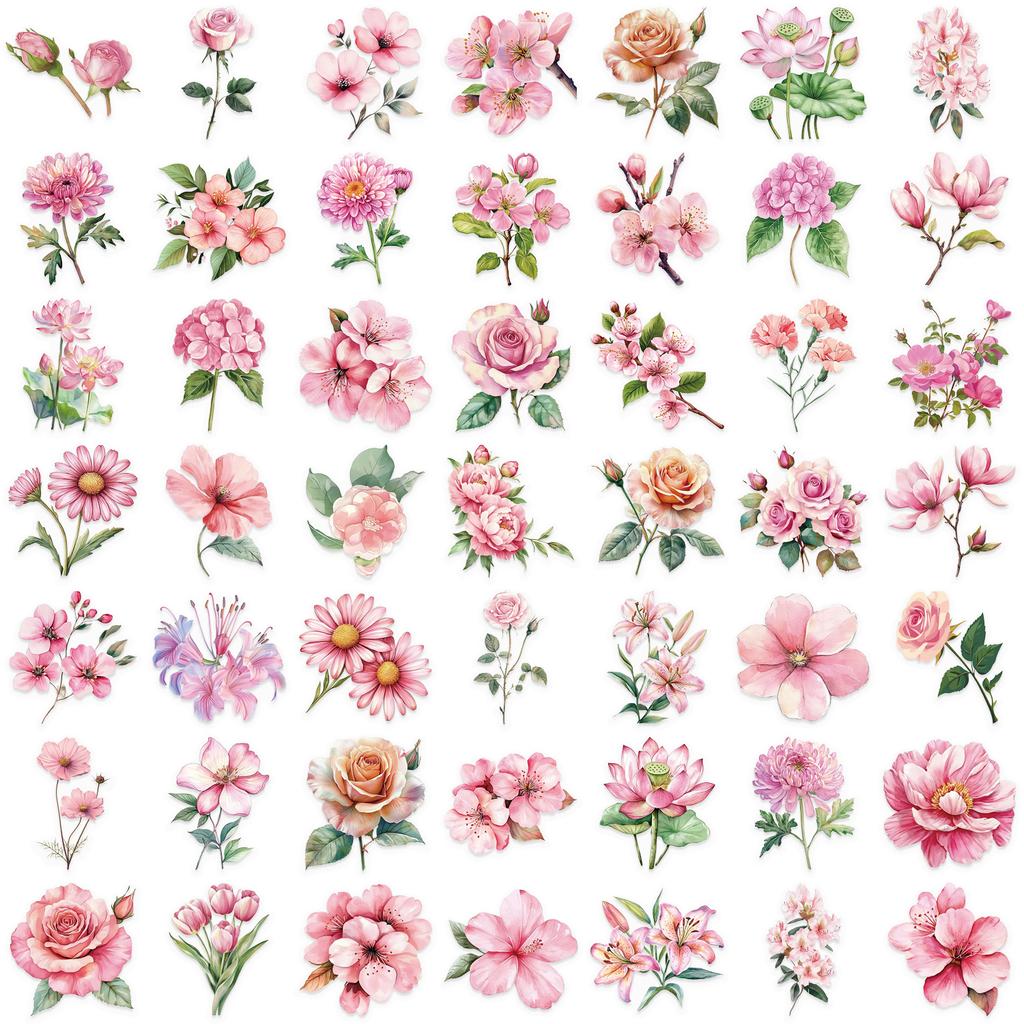 50Pcs Ink Flower Stickers DIY Phone Case Material Handbook Water Cup Plant Transparent PET Stickers