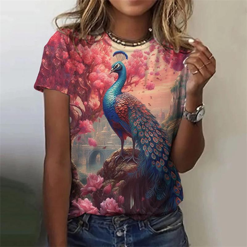 Fashion Women's T-shirt With Cute Peacock Graphic 3D Printed Short Sleeve Summer T-shirts Oversized Loose Women's Clothing