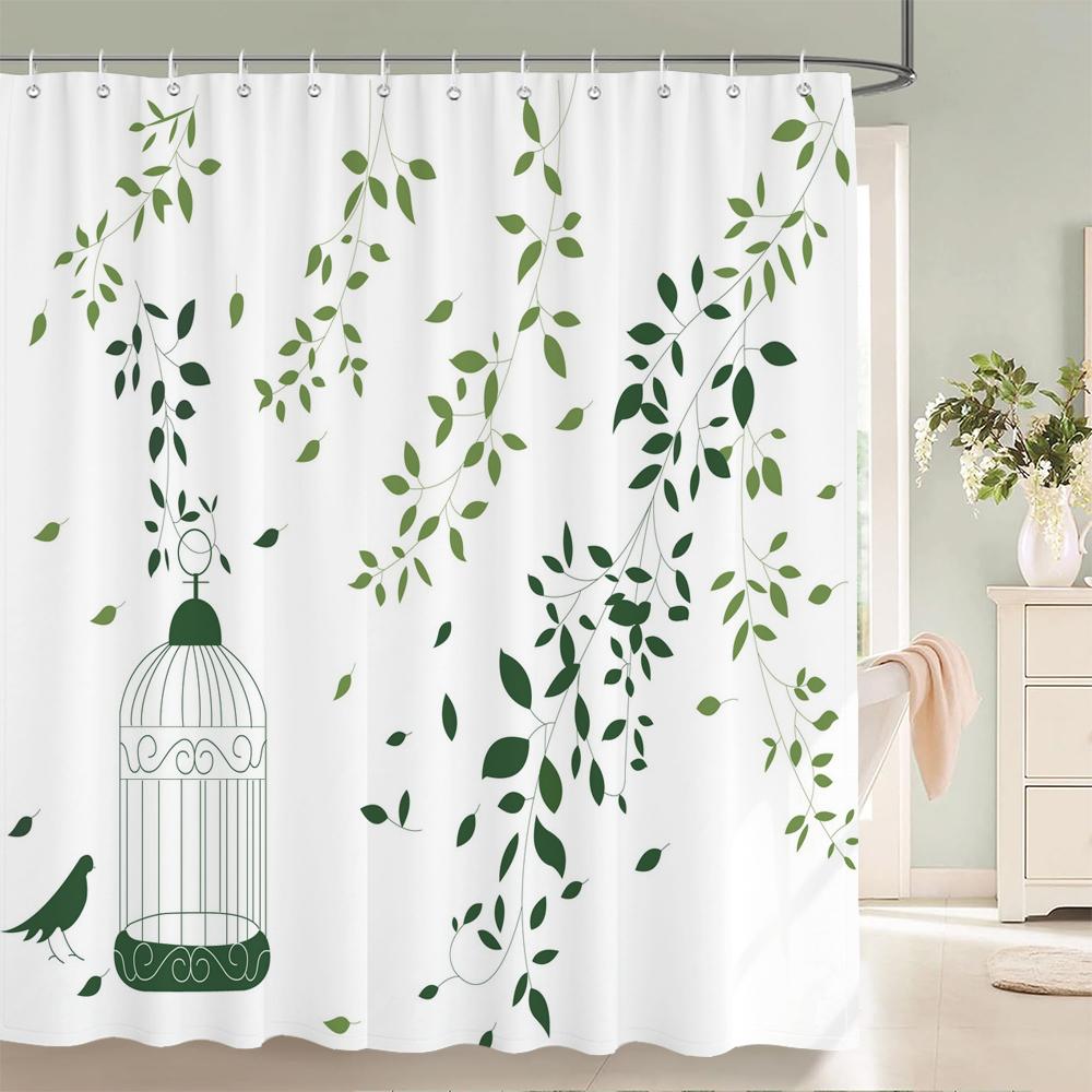 1PC Modern Minimalist leaf Pattern Shower Curtain with Hooks - Design Chic Green leaves Plants Bathroom Curtain Decorationks