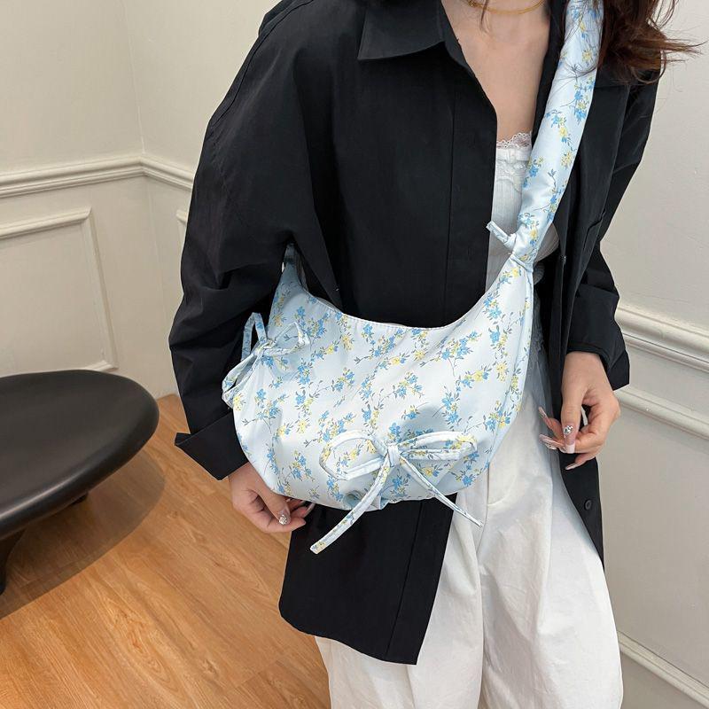 Ditsy Floral Bow Women Crossbody Shoulder Bag,Pleated Canvas Underarm Tote Bag,Petite Floral Print Sweet Handbag,Large Capacity