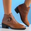 Retro Round Toe Leather Thick Heels Women Chelsea Boots Black Brown Modern Shoes Rivet Belt Buckle Ankle Boot Botas Mujer