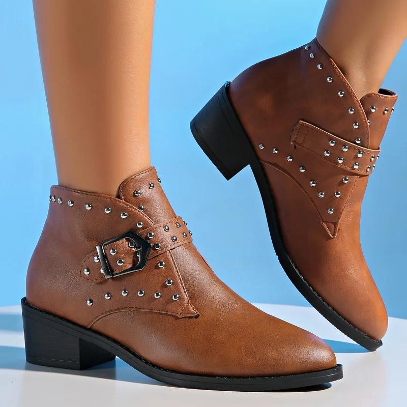 Retro Round Toe Leather Thick Heels Women Chelsea Boots Black Brown Modern Shoes Rivet Belt Buckle Ankle Boot Botas Mujer