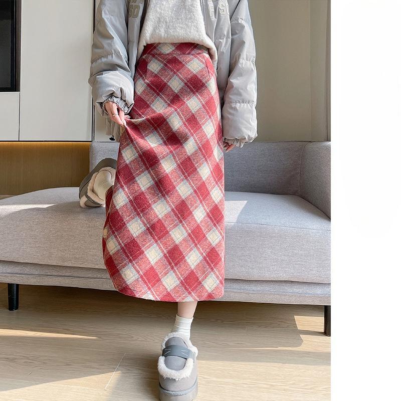 Women's Winter Fleece Lined Plaid Pencil Skirt High Waist Tummy Control Wrap Midi Skirt