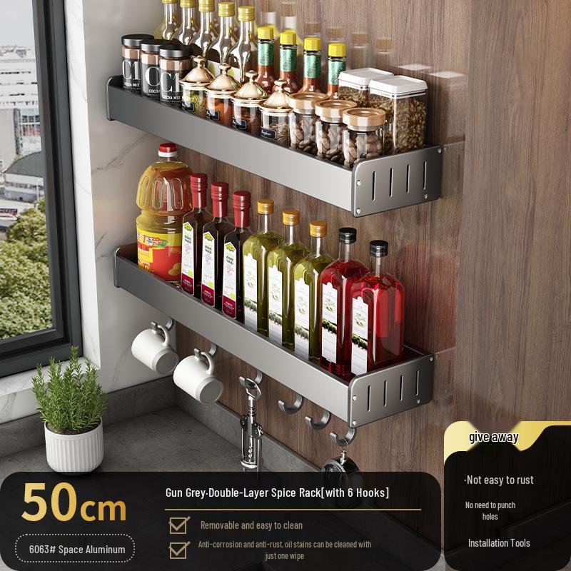 Wall-Mounted Kitchen Storage Rack, Punch-Free, Gun Gray, Knife Holder & Multi-Functional Seasoning Organizer.