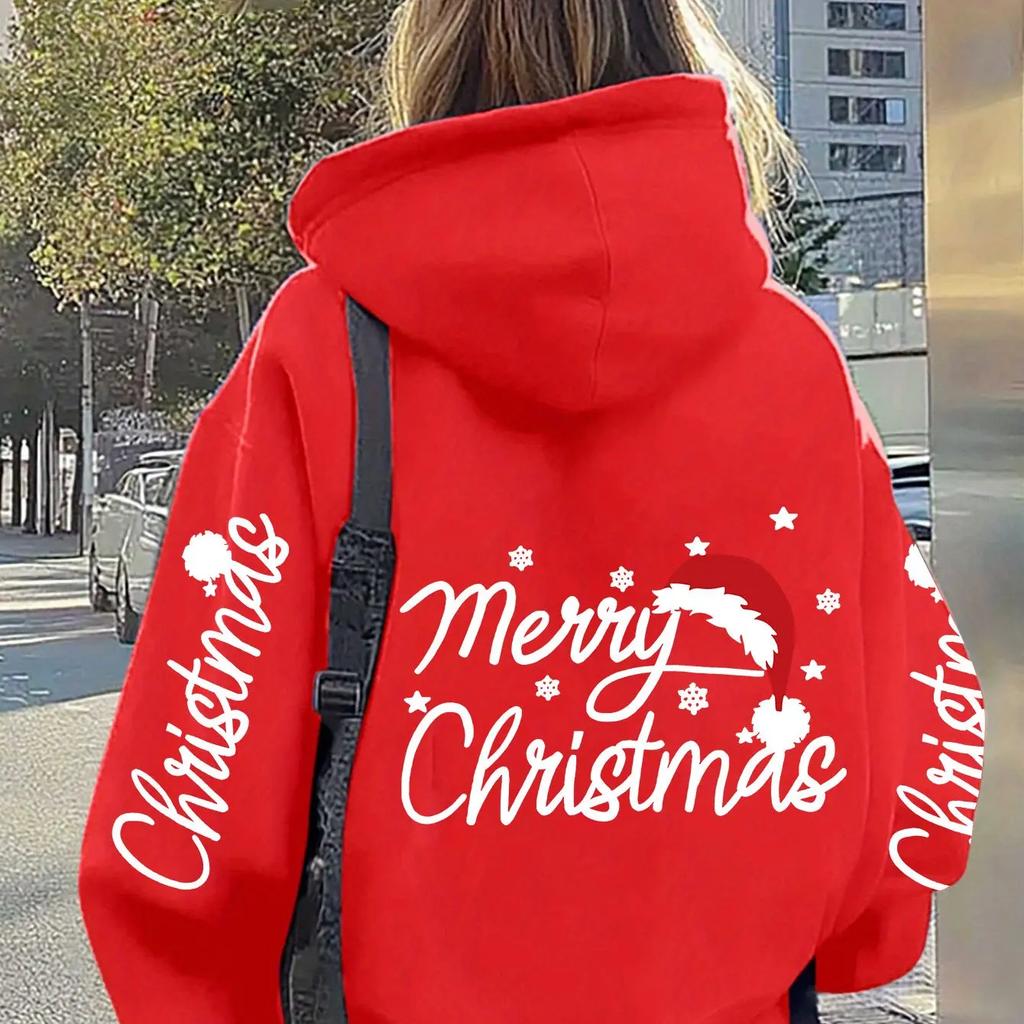 Men's Plus Size Hoodie - Christmas Classic Style"Merry Christmas" Letter Print - Soft and Casual Long-Sleeved Pocket Hoodie