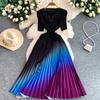 Pleated Diamond-Embellished Round-Neck Midi Dress for Women Summer Short Sleeve Lace-up Stunning Ombre Pleated Dress