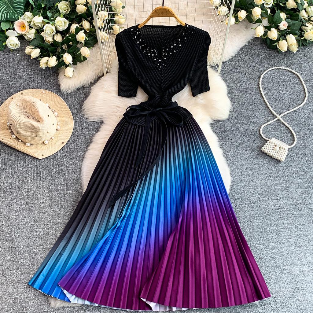 Pleated Diamond-Embellished Round-Neck Midi Dress for Women Summer Short Sleeve Lace-up Stunning Ombre Pleated Dress
