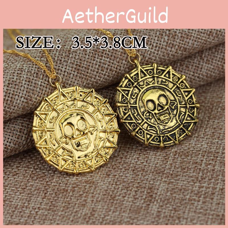 Pirates Of The Caribbean Themed Jewelry Mens Gold Alloy Skull Necklace With Water Wave Chain