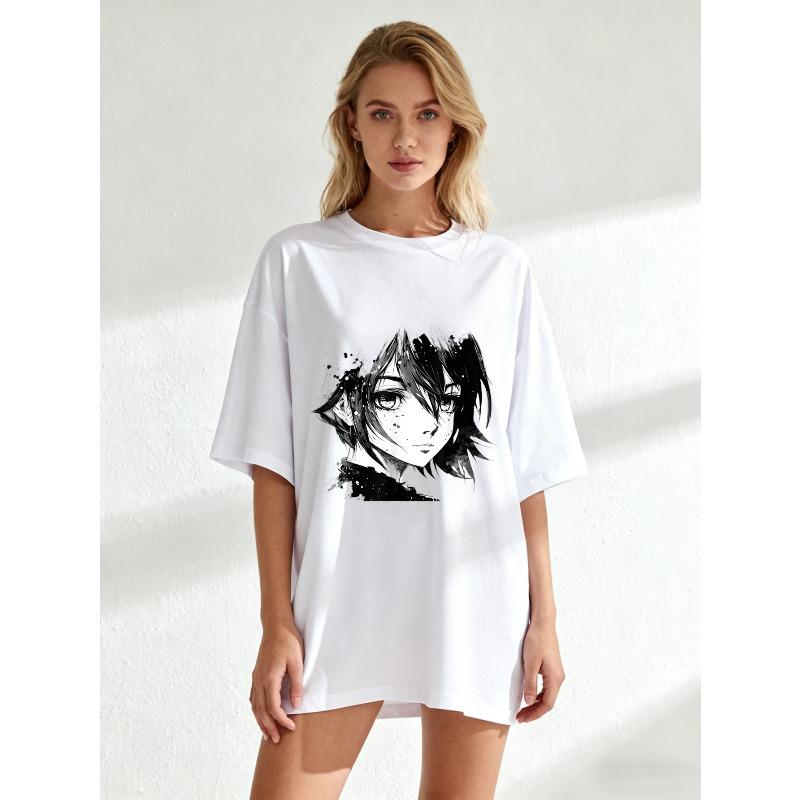 Black Oversized T-Shirt With Anime Girl Print For Casual Wear