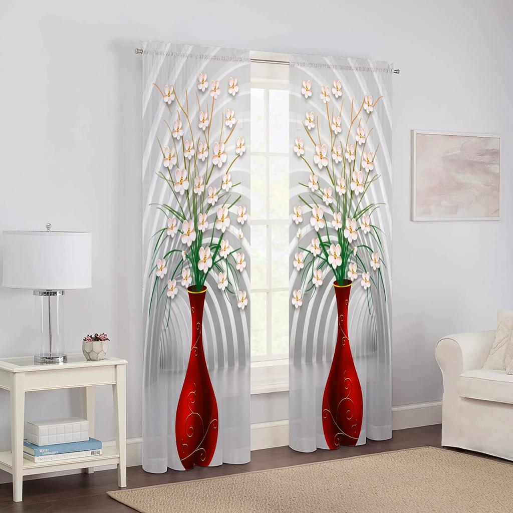 Delicate Vases Floral Curtain Living Room Bedroom Transparent Tulle Chiffon Voile Kitchen Window Curtains Sheer Made Of Polyester Sitting Decor