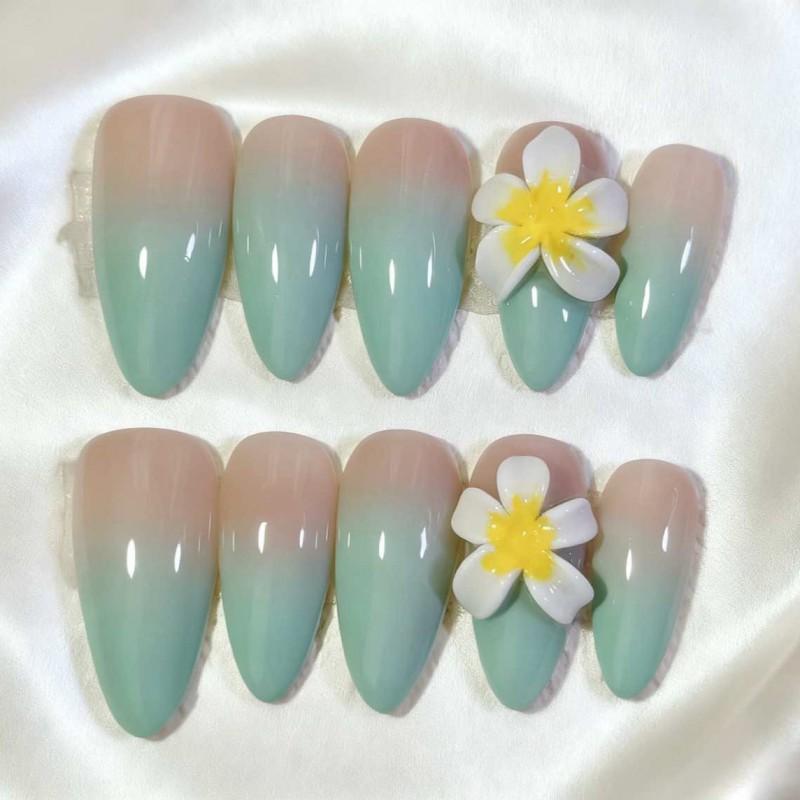 Almond Shape Press-On Nails With Gold Foil Pearl Embellishment Handmade Fake Women Girls AW1160