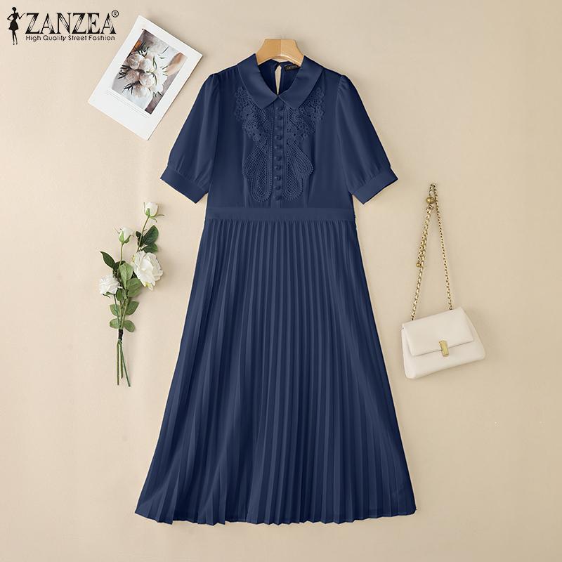 

ZANZEA Womens Summer Casual Crochet Patchwork Short Sleeve Long Dress S абрикосовий