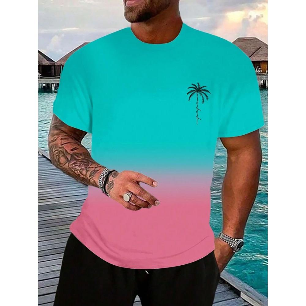 Sommer Freizeit Farbverlauf Kurzarm Oberteil Hawaiianische Herrenmode T-Shirt Outdoor Strandshorts Zweiteiliges Set
