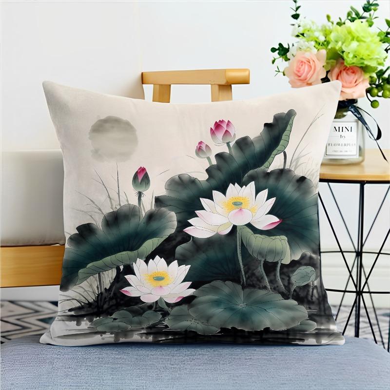Chinese Style Ink Lotus Pillowcase Dormitory Decoration Office Living Room Home Pillowcase