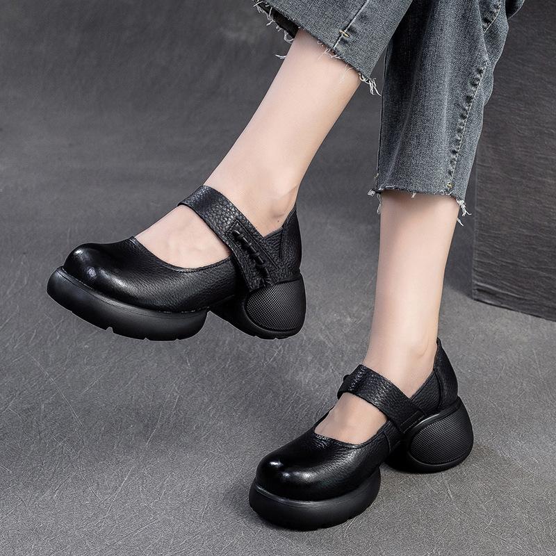 Fashion GKTINOO Retro Thick Soled Comfortable Pumps 2025 Autumn New Genuine Leather Round Toe Hook & Loop Women's Shoes