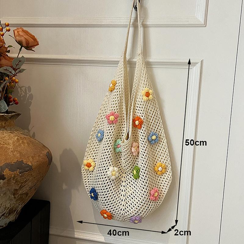 Women Flower Knitted Shoulder Bag  Handbag Lightweight Crochet Tote Bag Casual Top Handle Bag Outdoor Travel Bag