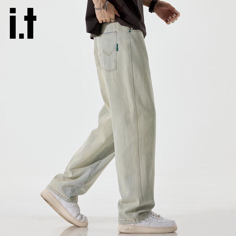 izzue it Men's Loose Straight-Leg Light Wash Jeans