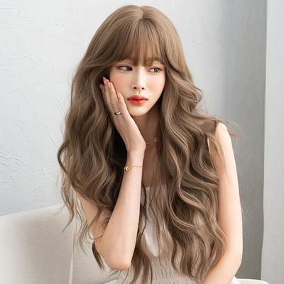 Women's Fashion Front Lace Heat Resistant Long Wavy Wig Ladies Daily Use Natural Looking Fluffy Wig with Bangs