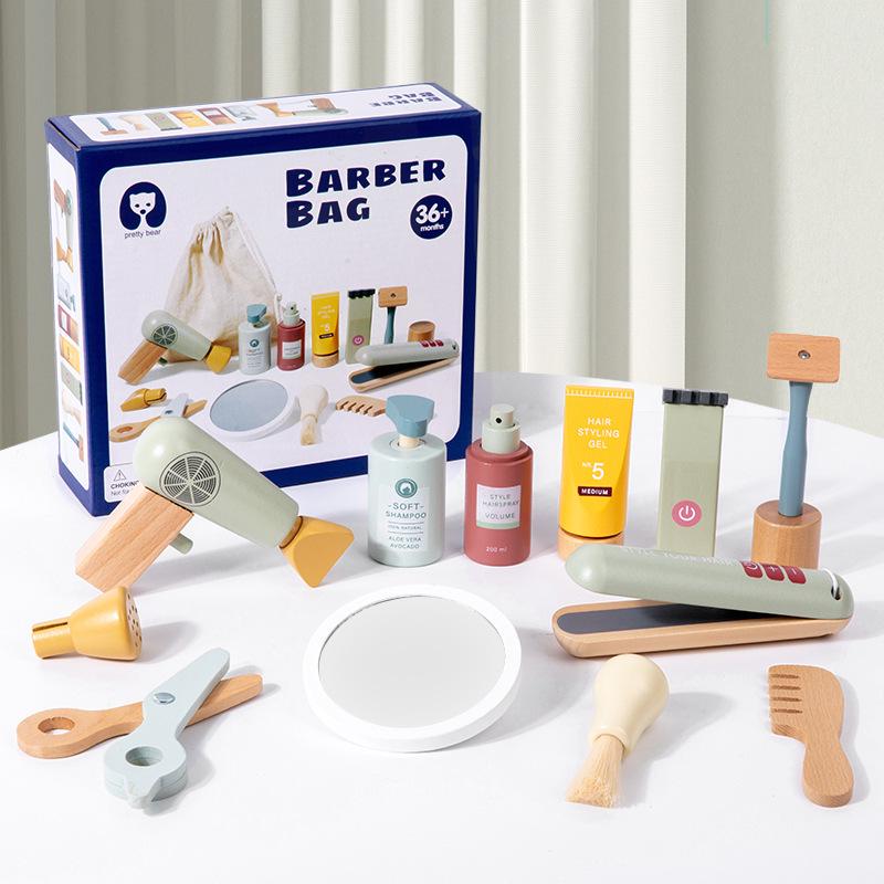 Korean Style Wooden Makeup Play Set: Pretend Eyeshadow, Powder, Lipstick, Perfume, Hair Accessories.