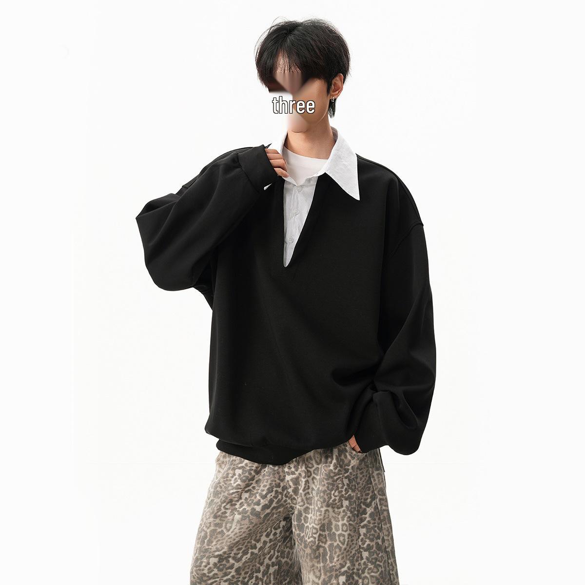Korean Style High-End Patchwork Lapel Hoodie - Men s Autumn Versatile Polo Top 2X-Large