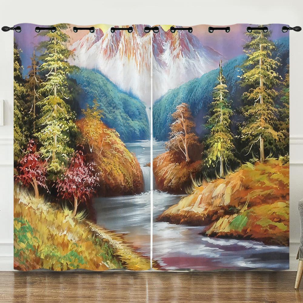 Curtain Oil Painting Landscape Firefly 3D Digital Printing Blackout Curtain Punching