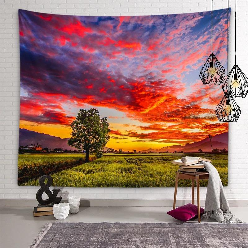 Sunset Landscape Tapestry, American Country Healing Style Bedroom Background Fabric, Wall Decoration Hanging Fabric 100X70CM