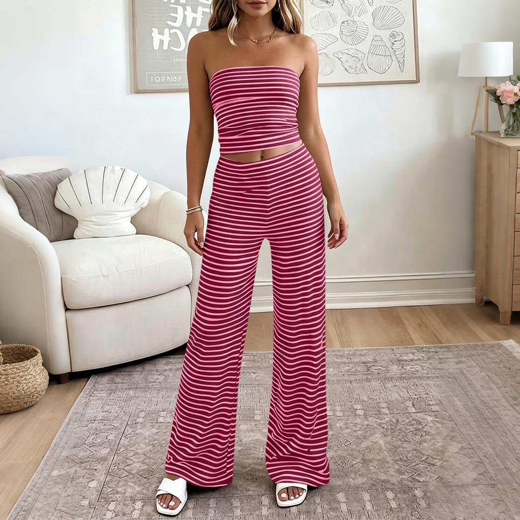 Damen Casual Trägerloses Schlauchtop und Weite Hosen Set Elastischer Bund Zweiteiliges Loungewear Outfit für Urlaub und Zuhause