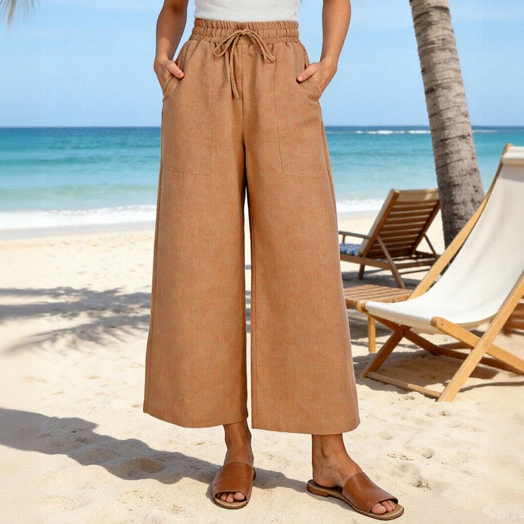 Women's Mid-length Color Drawstring Casual Pants, High-waisted, Loose Wide-leg Pants