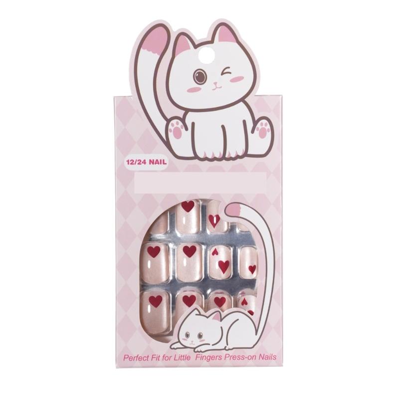 24Pcs Heart Pattern Short Square False Nail Fashion Cats Eye Press On Nail For Daily Wear And Parties