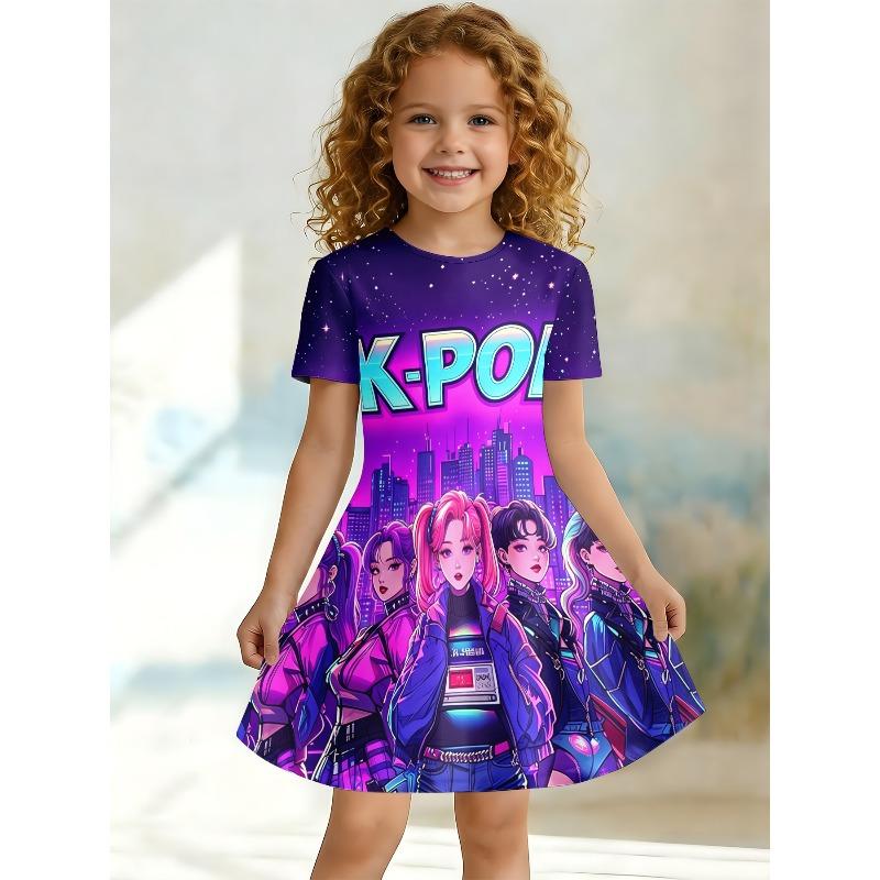 Girl's Neon Color K-Pop Group City Print Dress Purple Galaxy Short Sleeved T-shirt Dress Suitable for Birthday Gifts and Parties