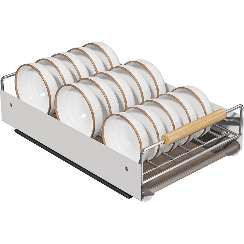 Pull-Out Kitchen Cabinet Dish Rack with Built-In Plate Divider and Cutlery Storage