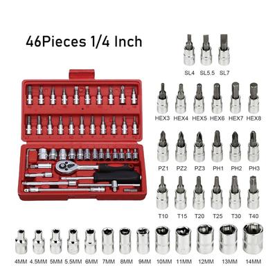 46PCS Car Repair Socket Tool Set Box 1/4 Inch Socket Set Multi-Purpose Wrench Set Ratchet Screwdriver Home Car Repair Tool Kit