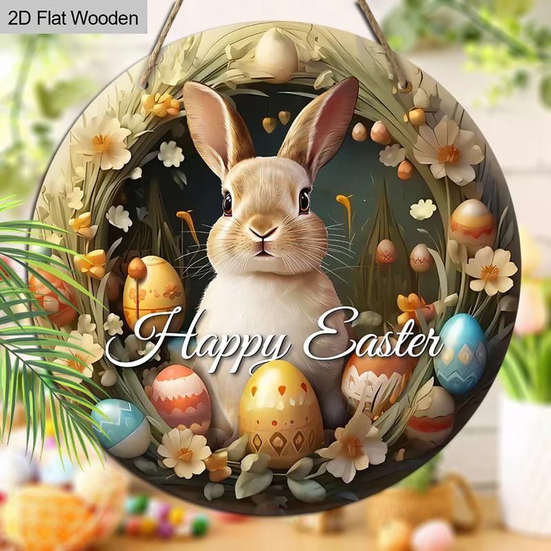 Happy Easter Bunny & Egg Wreath Wooden Sign, Round Front Door Decor, Rustic Spring Wall Hanging - Ideal Easter Gift