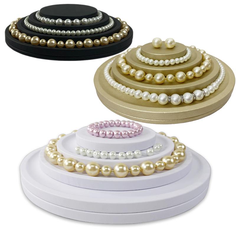 

High-quality Leather or Velvet Round 3-Layer Pearl Necklace Ear Stud Storage Props Creative Jewelry Pine Bead Display Tray
