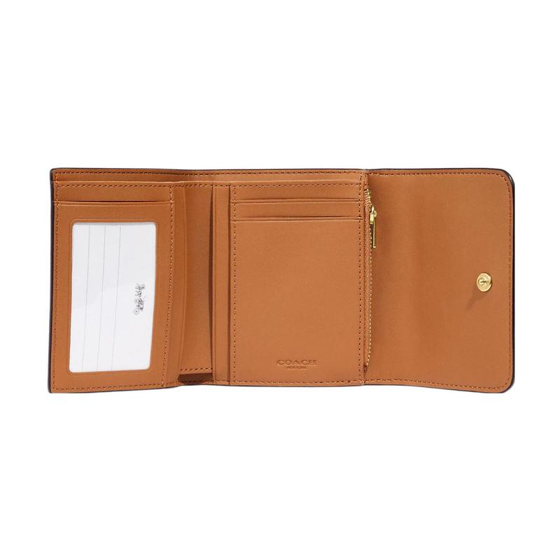 Coach Trifold Wallet 11 Classic Presbyopic Snap Closure, Canvas and Leather Card Holder Wallet, Small Size, Women's Khaki and Chalk White