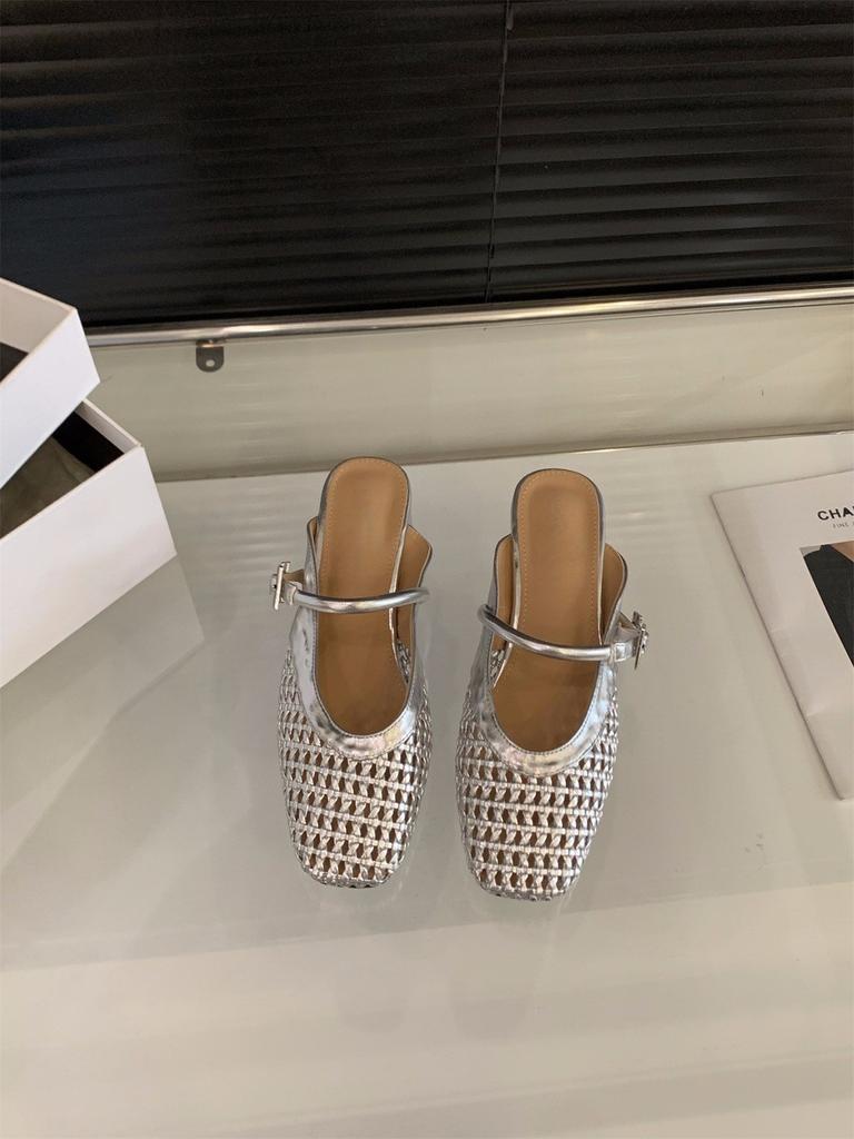 Golden woven mesh bag head half slippers women's shoes outer wear 2025 summer medium and high heel Mary Jane half tray single shoes