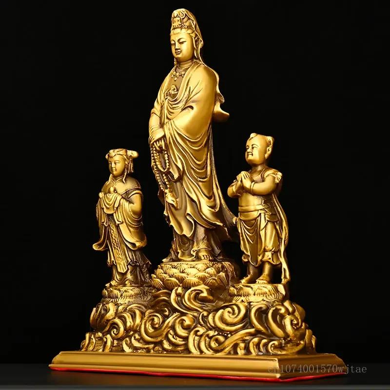Copper Avalokitesvara Buddha statue the golden child and the jade girl offering ornaments home furnishing Buddha sculptures, 1Pc