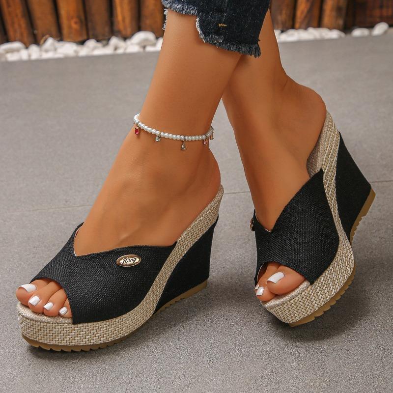 Zomerse Dames Wedge Platform Kleurblok Romeinse Slippersandalen, Stof Bovenwerk, Verkrijgbaar In Grote Maten.